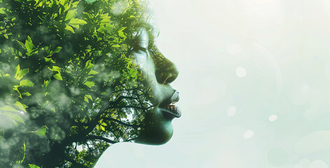 National arbor day banner, copy space. Person portrait with leaves. Nature concept.