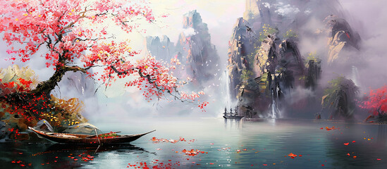 Asian landscape with a tree and a boat on water. Oil art
