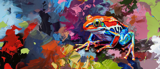 Colorful Illustration of  cute frog on abstract background. Oil painting. Banner