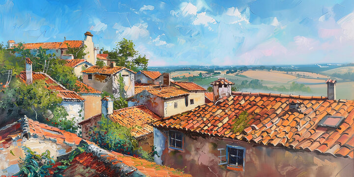 Oil painting of houses with red roofs. Sunny day atmosphere