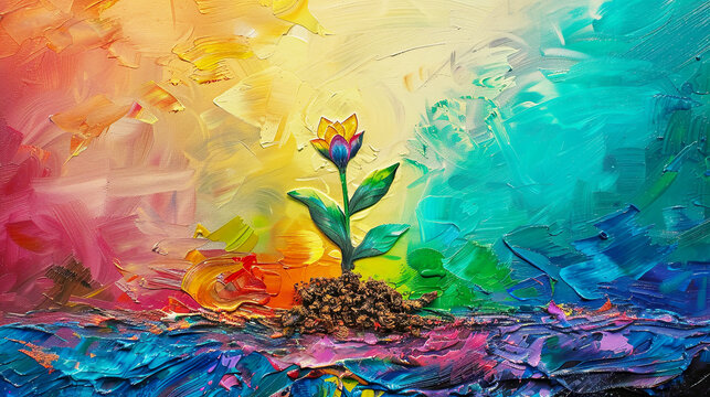 Minimalistic banner with young flower on colorful background. Oil paint artwork.