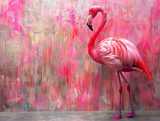 Vibrant Flamingo Against a Textured Pink and Grey Background