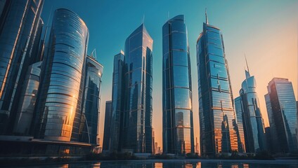 Image of modern skyscrapers in smart city, futuristic financial district with buildings and reflections, blue color background for corporate and business templates with warm sunlight. AI generated - obrazy, fototapety, plakaty
