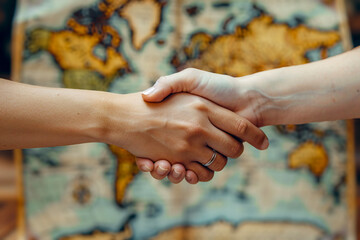 handshake between two men on world map background, Travel Concept - obrazy, fototapety, plakaty