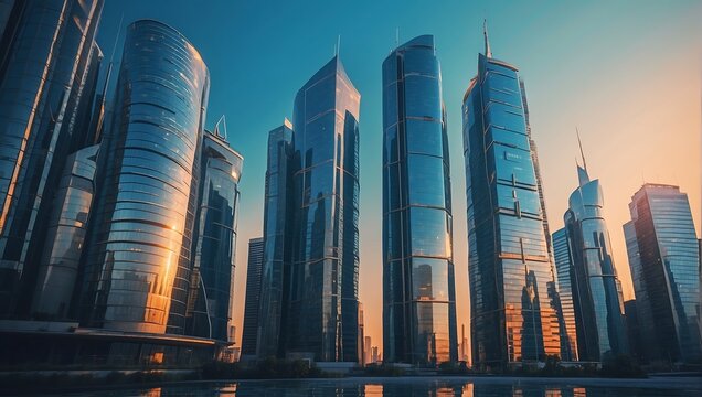 Image of modern skyscrapers in smart city, futuristic financial district with buildings and reflections, blue color background for corporate and business templates with warm sunlight. AI generated