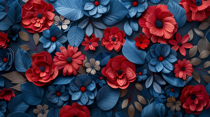 3D embroidery art of red and blue flowers and leaves