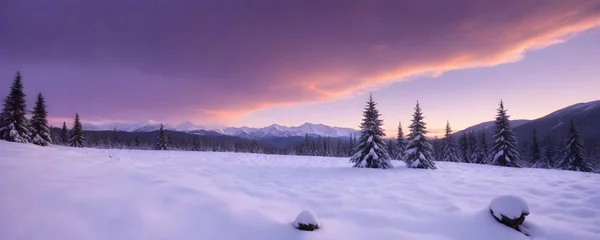 Crédence de cuisine en verre imprimé Violet snowy winter landscape, cloudy sky, snow covered landscape 