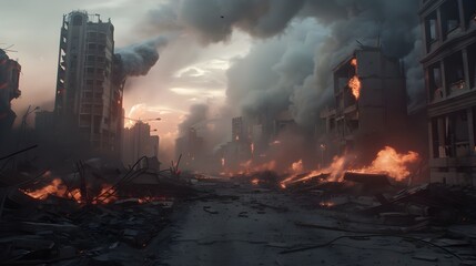 Blazing Cityscape of Destruction and Chaos in Wartime Disaster - obrazy, fototapety, plakaty