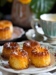 Delectable Canel Pastries on a Wooden Table with Coffee Cup and Saucer