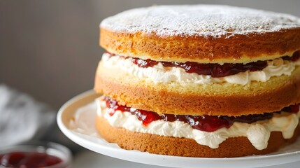 Delicious Layered Victoria Sponge Cake with Creamy Filling and Fruity Jam Topping