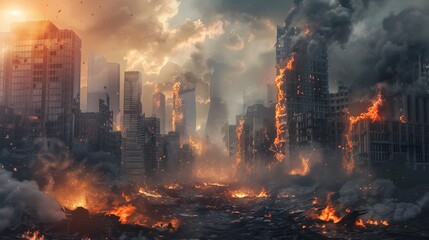 Devastating Inferno Engulfs War-Torn Metropolis in Chaotic Pandemonium - obrazy, fototapety, plakaty