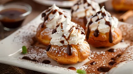Fotobehang Exquisite Profiteroles with Creamy Filling and Decadent Sauce Topping - A Delightful Gourmet Dessert Treat © Mickey