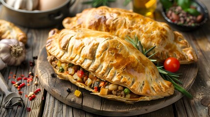 Freshly Baked Cornish Pasty Filled with Savory Meat and Vegetable Blend on Wooden Serving Board