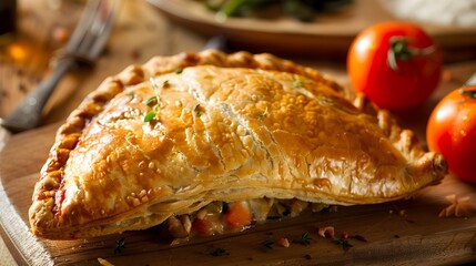 Freshly Baked Cornish Pasty with Savory Meat and Vegetable Filling on Wooden Cutting Board - obrazy, fototapety, plakaty