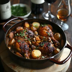 Fotobehang Hearty and Flavorful Coq au Vin:A Classic French Braised Chicken Dish in a Rich Wine Sauce with Vegetables © Mickey