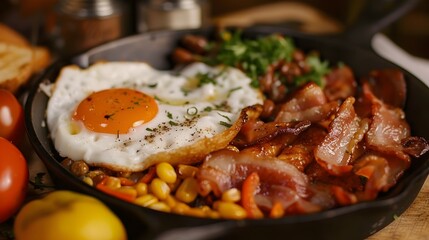 Hearty and Flavorful Ulster Fry Breakfast with Eggs,Bacon,Sausage,Tomatoes,Mushrooms,and Potatoes on a Rustic Wooden Table - obrazy, fototapety, plakaty