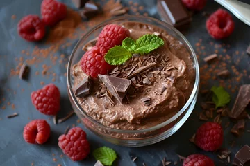 Fotobehang Luxurious Chocolate Mousse with Raspberries and Mint Garnish - An Indulgent Gourmet Dessert Delight © Mickey