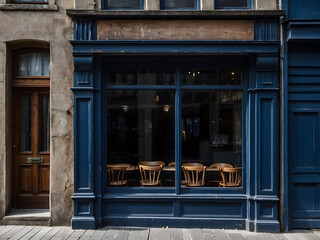 An empty frame decorates the navy blue exterior of a windowed cafe, adding to its allure.