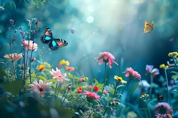 Fototapeta na wymiar Vibrant enchanted garden with colorful flowers majestic plants butterflies and birds in serene beautiful colors. Concept Enchanted garden, Vibrant flowers, Majestic plants, Butterflies, Birds