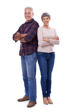 Senior, Couple And Studio Portrait And Confident, Smile And Retired People In Elderly Love Relationship Together. Crossed Arms, Female Person And Man On White Background, Mockup Space And Joy