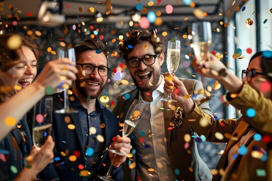 Business professionals celebrating at an office party for a special occasion like a corporate anniversary or business success. Concept Office Party, Corporate Anniversary, Business Success