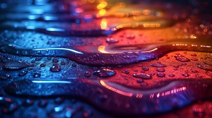 Close up of water drops on a colorful surface in electric blue and purple hues - Powered by Adobe