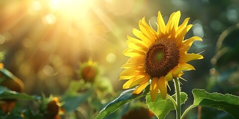 Fototapeta premium A Sunflower Basking in the Warm Sunshine,Reaching Towards the Light with Radiant Petals and Lush Foliage