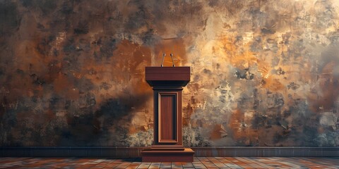 The empty podium waits for the next speaker to take the stage and address the audience,a symbol of authority and the platform for important speeches