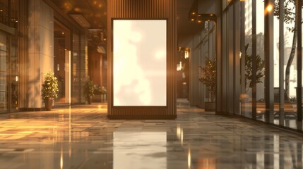 Fototapeta premium white billboard 3d graphic mockup , in the style of wood sculptor, contemporary glass, interior scenes, blurred, light brown, sony alpha a7 iii, traditional chinese