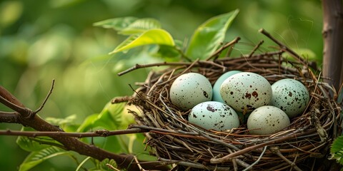 Naklejka na ściany i meble A Cozy Nest Cradling Delicate Speckled Eggs,Nurturing the Future with Natural Beauty and Tranquility