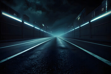 Abstract dark asphalt road background, space scene, street night vision, virtual reality, cyber futuristic sci-fi technology background with smoke