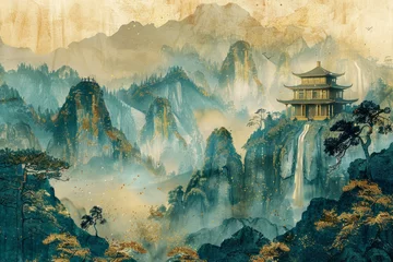Crédence de cuisine en verre imprimé Beige Chinese style traditional landscape painting