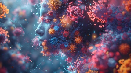 Fototapeta premium a close up of a person s face surrounded by colorful flowers