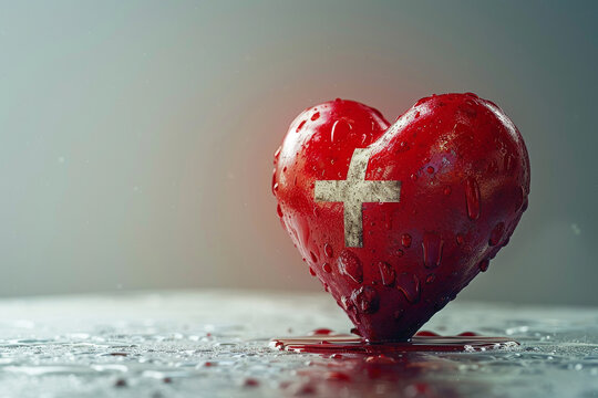 A red heart with a medical cross symbol on a white background. Concept of love and health care with Copy space.
