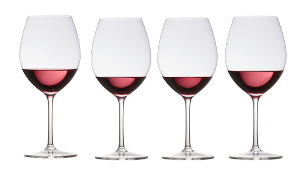 four glasses of wine isolated on transparent background cutout