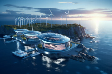 The harmonious combination of future offshore wind power generation and advanced buildings - obrazy, fototapety, plakaty