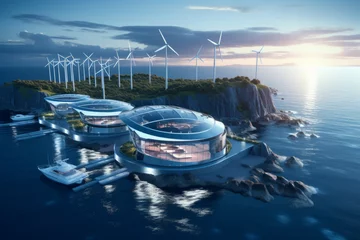 Foto op Canvas The harmonious combination of future offshore wind power generation and advanced buildings © nan