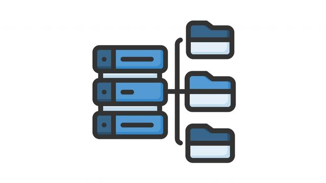 Animated database with folder of multiple servers, networking, data center concept. Suitable for technology websites, IT blogs, and server management articles