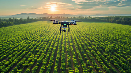 Drone flying over vegetable farms on a sunny day. Represent modern agricultural innovations and modern farming that uses technology for The future of food.