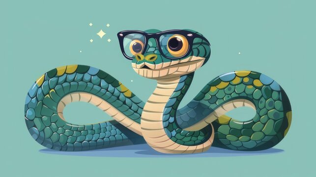 Illustration in flat style, A cute little snake wearing glasses posed against a studio background