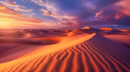  majestic beauty and incredible silence of the desert expanses capture the eye: golden sand dunes illuminated by the last rays of sunset, as if the personification of tranquility and eternity. - obrazy, fototapety, plakaty