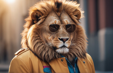 artistic vibrant portrait of a lion using jacket and wearing sunglasses
