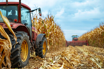 Agriculture - Tractor in the field with harvested corn in haystack - obrazy, fototapety, plakaty