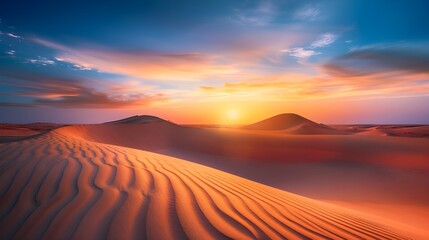 The desert expanses, shrouded in golden shades of sunset, have extraordinary beauty and tranquility, which makes you forget yourself in a moment of peace and harmony with the surrounding world. - obrazy, fototapety, plakaty
