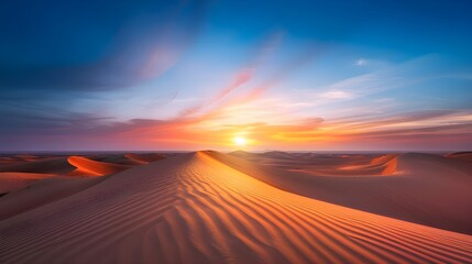  Against the background of desert horizons illuminated by the colors of sunset, golden sand dunes look like a work of art in which every grain of sand emphasizes the beauty