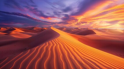 The reflection of sunset colors in the endless desert horizons creates the illusion of incredible beauty and silence, which allows you to immerse yourself in a world  - obrazy, fototapety, plakaty