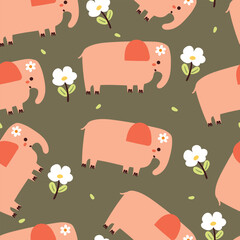 seamless pattern cartoon elephant with flower. cute animal wallpaper for textile, gift wrap paper