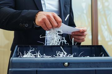 Businessman shredding confidential documents at an overflowing shredder