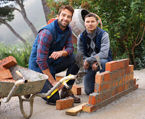 Construction, bricklayer in portrait and men with brick wall, handyman or contractor with trade,...