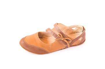 Casual brown leather lady shoes on white
